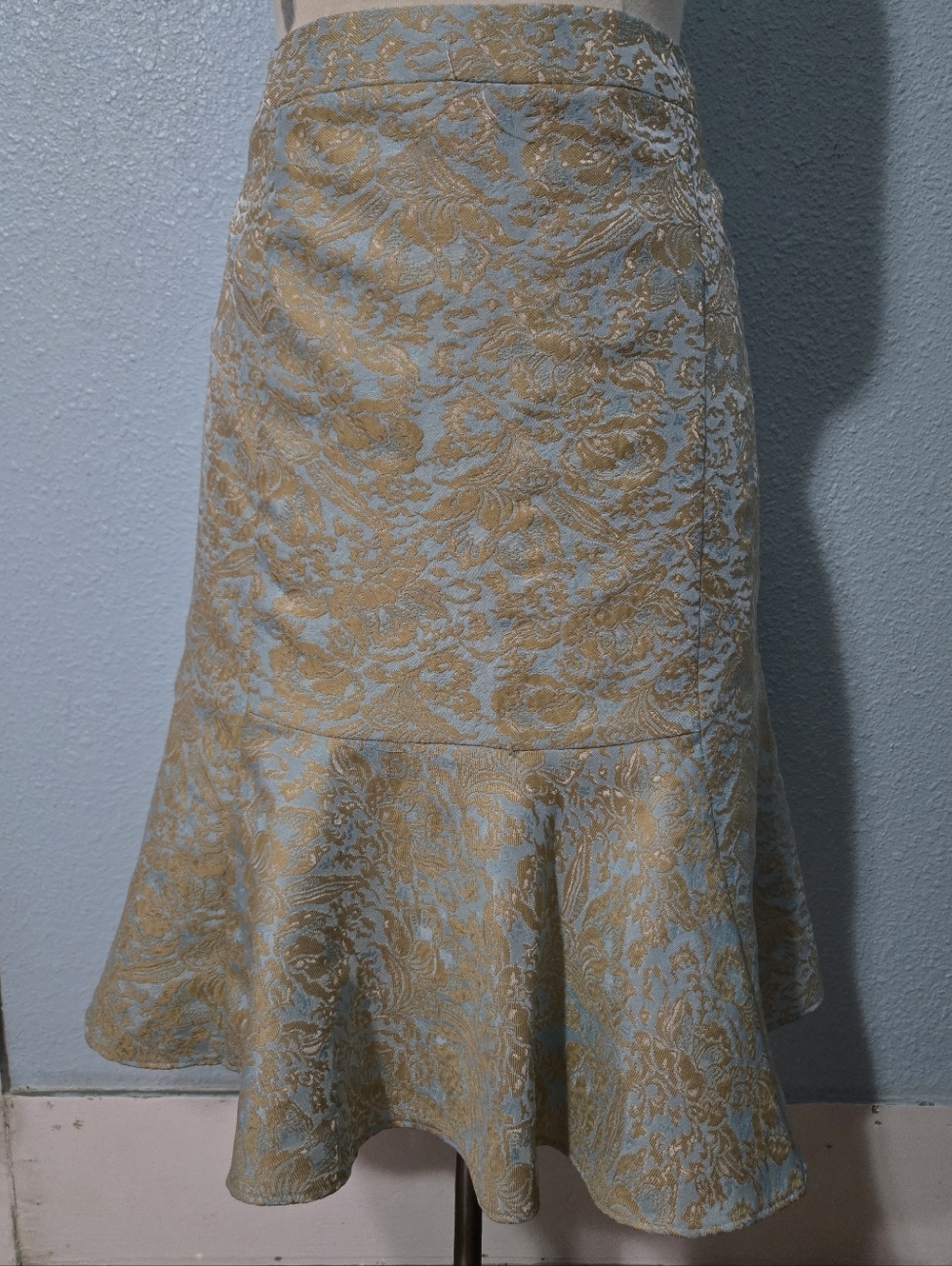 Elegant Blue and Gold Brocade Flared Midi Skirt